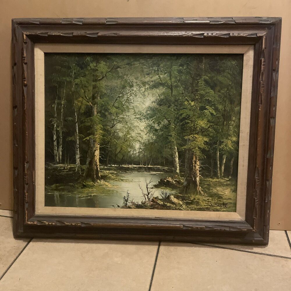 VTG  Oil Painting On Canvas Landscape tree-lined creek or river scene By J.SMITH